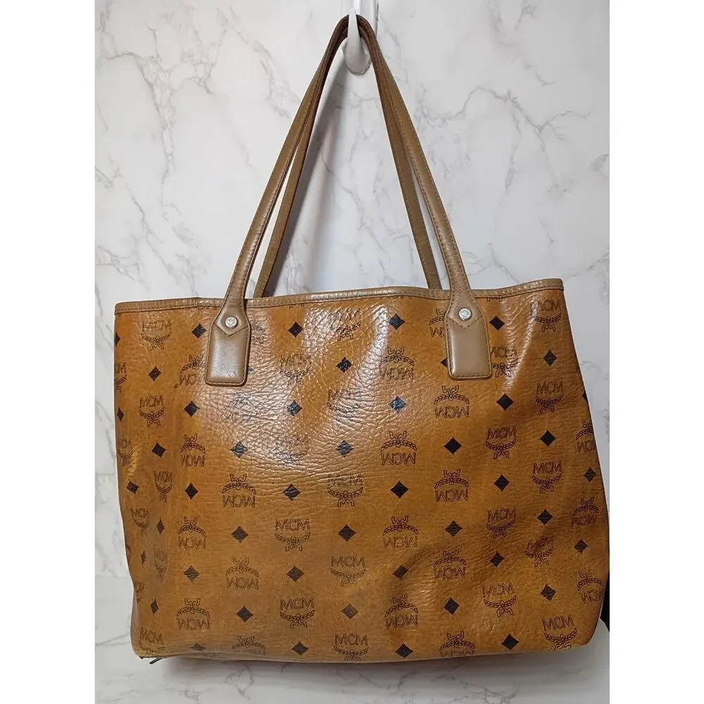 MCM Cognac Visetos Monogram Green Stripe Limited Edition Liz Shopper Tote - EUC - Picture 3 of 8